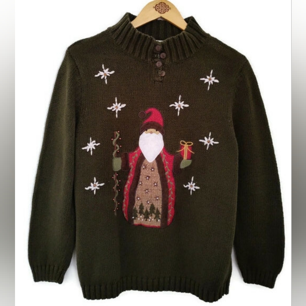 Christmas Holiday Ugly Sweater Santa Olive And Red Size Large